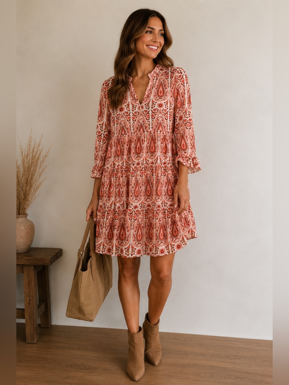 Spartina 449 Paisley Tiered Boho Dress XXL Rust Pink Fall